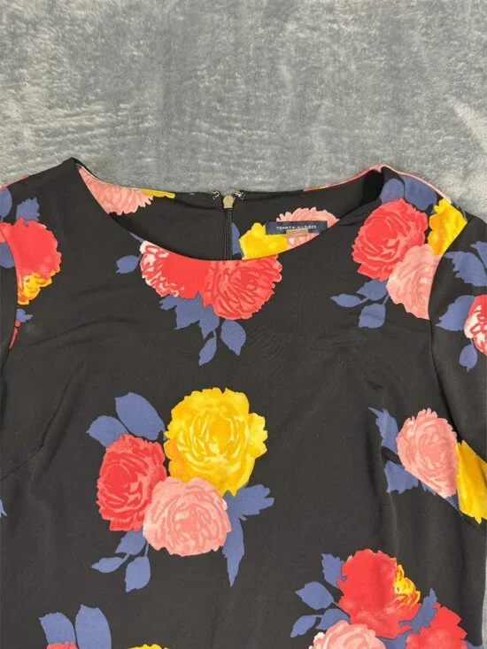Tommy Hilfiger Womens Dress Size 10 Floral Print Black Multicolor 3/4 Bell - Picture 6 of 12